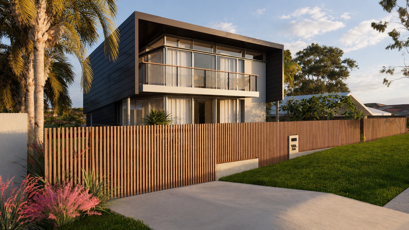 Blue Seas Parade exterior from the driveway, dark cladding and palm trees