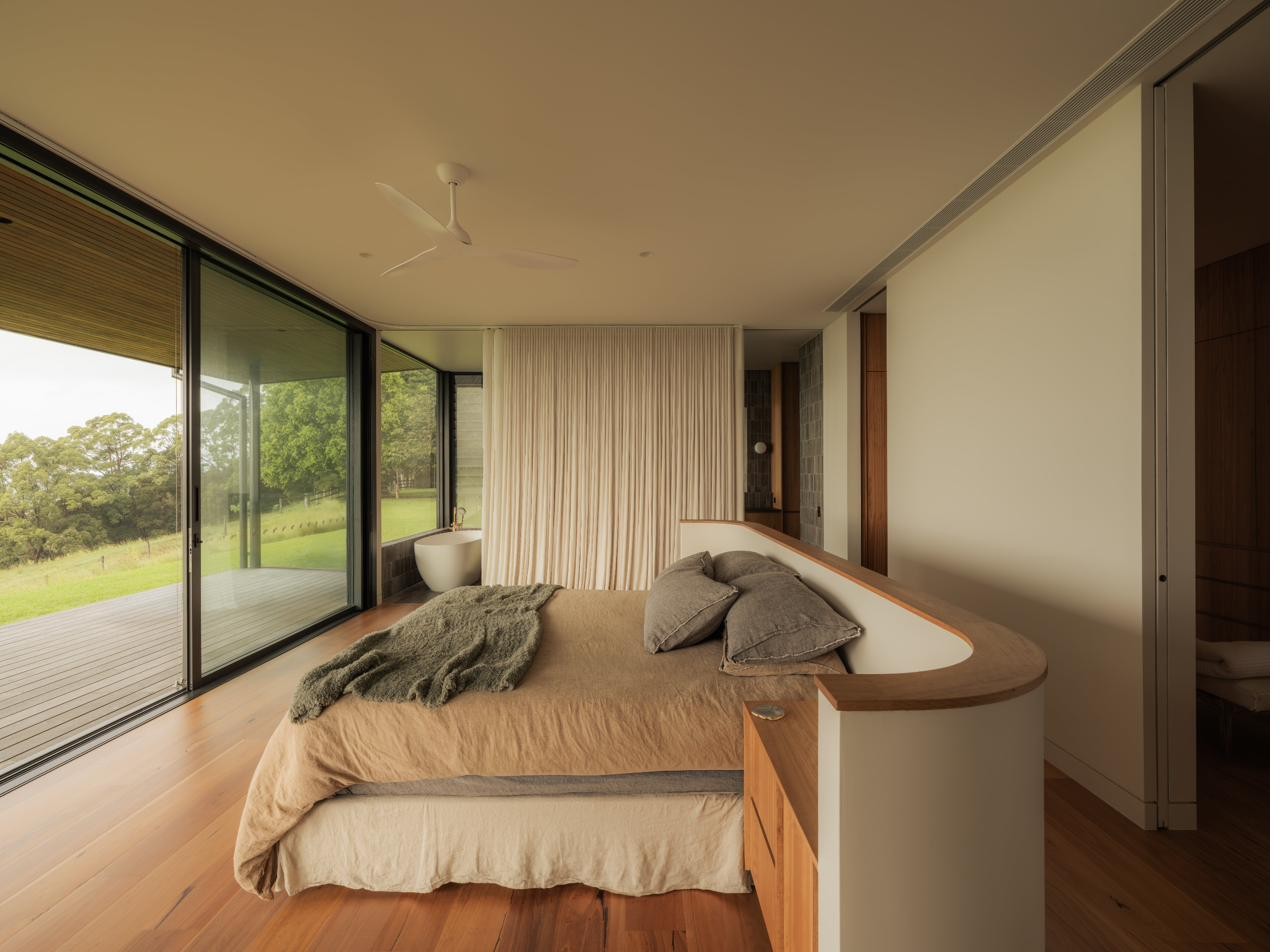 Bedroom with sheer curtains and rural views, Newrybar Residence