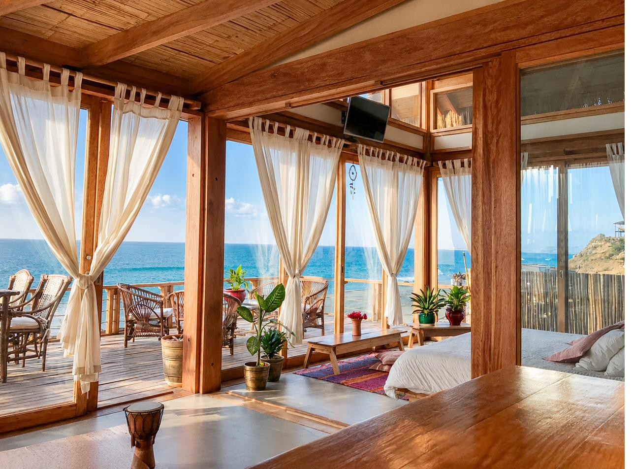 Bedroom opening onto the ocean-facing deck, Wak'a Villa