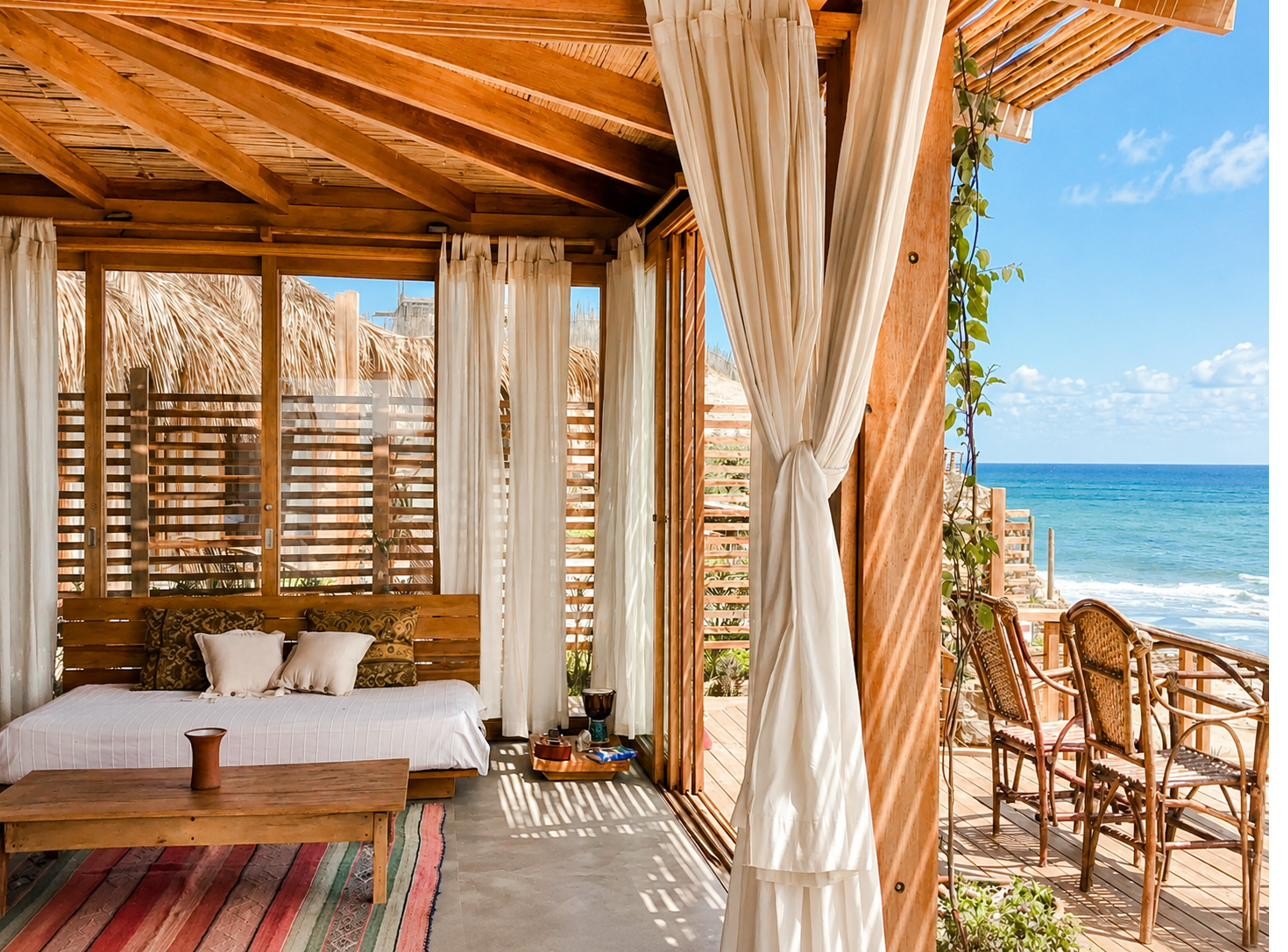 Timber deck with woven chairs facing the water, Wak'a Villa