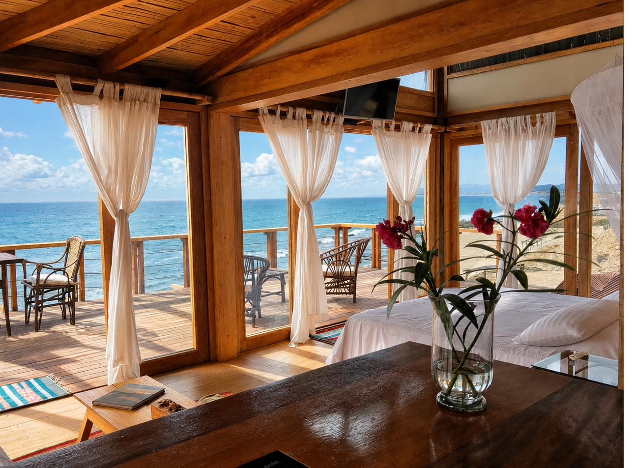 Bedroom with timber detailing and ocean views, Wak'a Villa