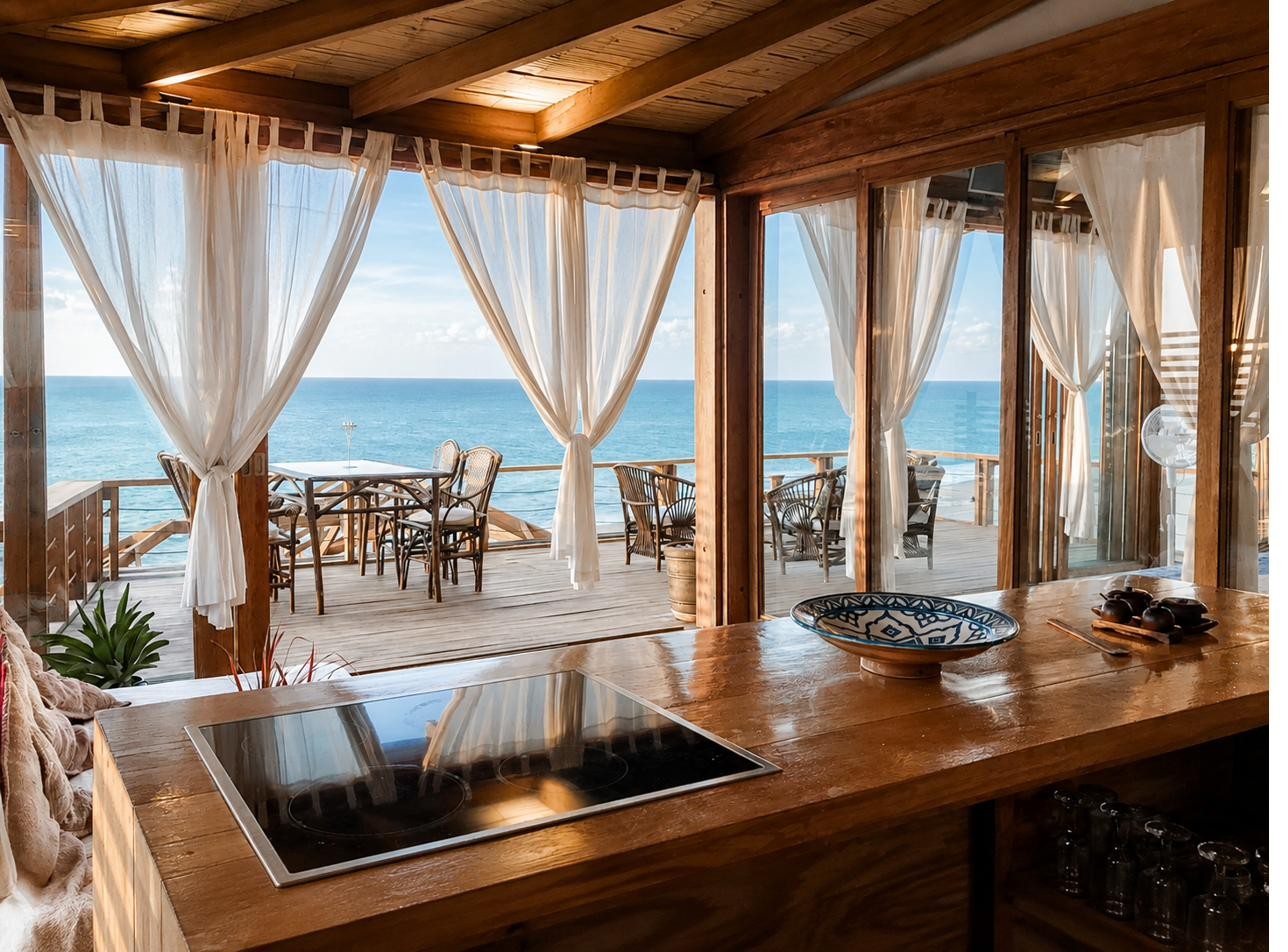 Open-air kitchen facing the ocean, Wak'a Villa